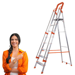 PROHOME Aluminium Ladder for Home 8 Steps Foldable with Railing & Anti-Skid Wide Steps | 8 Step Ladder for Home Use, Kitchen & Household | 270 Kg Capacity Folding Ladder | 5 Year Warranty (Orange)