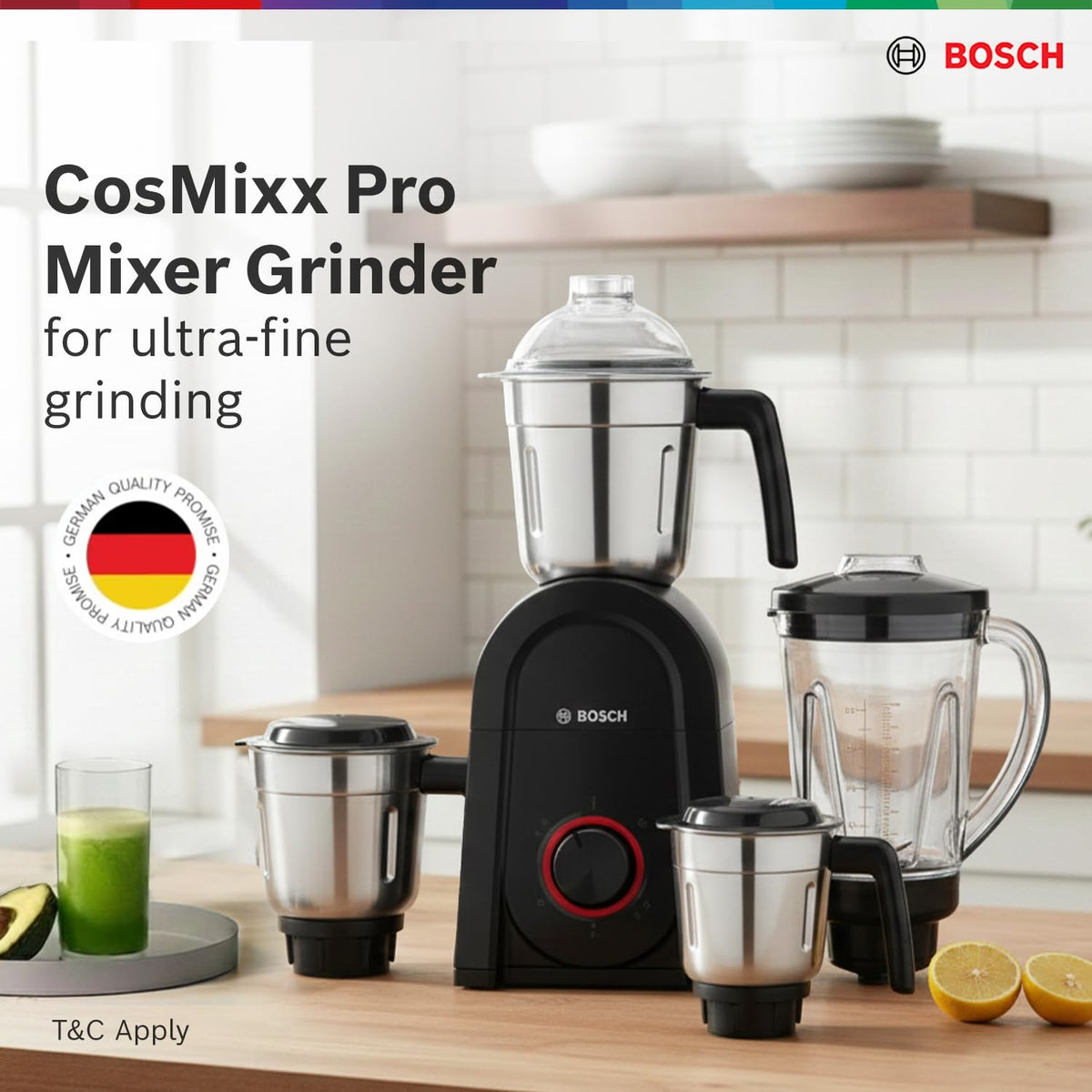 Bosch CosMixx Pro 1000W Mixer Grinder | German Engineering for Powerful & Ultra Fine Grinding | 4 Leak Proof Jars including Blender Jar | 22000 RPM Heavy Duty Motor | Overload Protection 【MG8714C4KI】