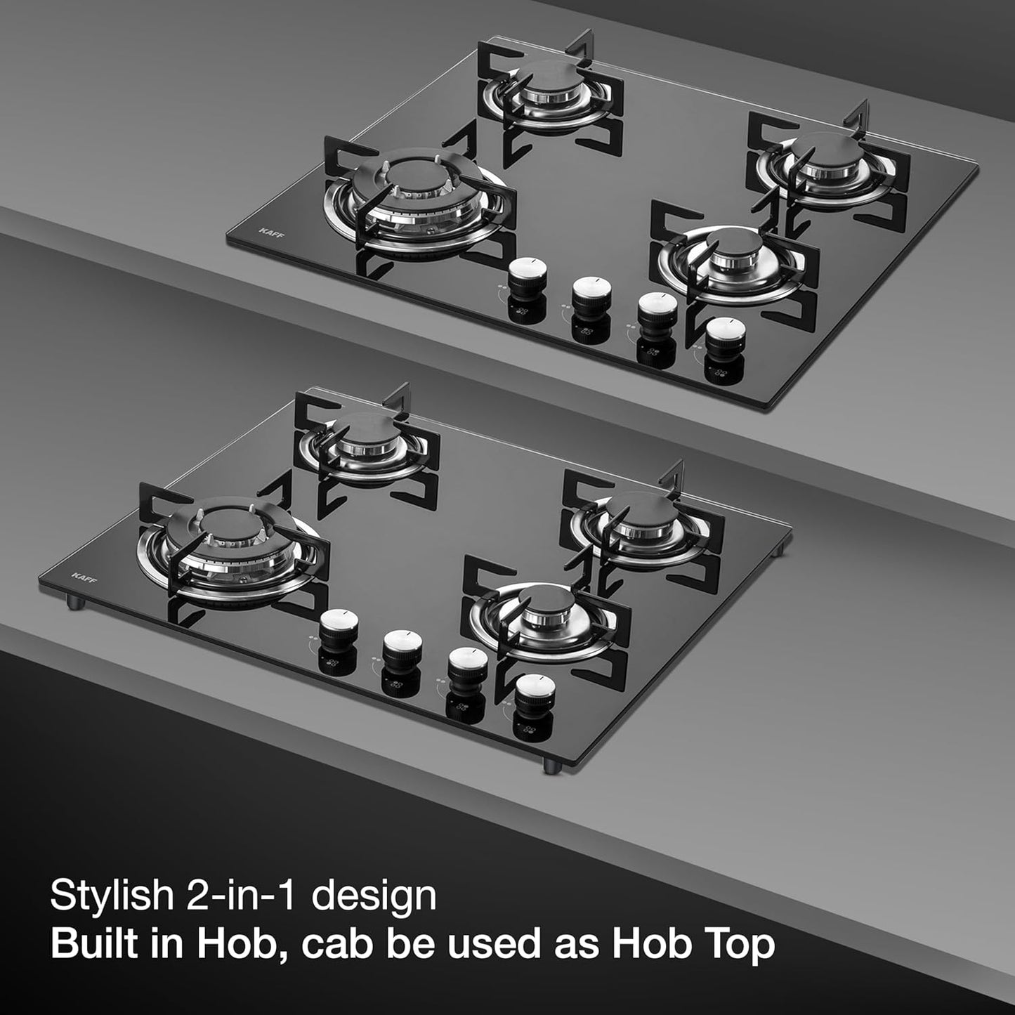 KAFF | 60CM 4 Burners Built-in Hob/Hobtop For Modular kitchen | Auto Electric Ignition | Italian Burner, Enamelled Matt Finish | Easy Grip Knobs | 8 MM Toughened Glass | Black | NE4B60GFX