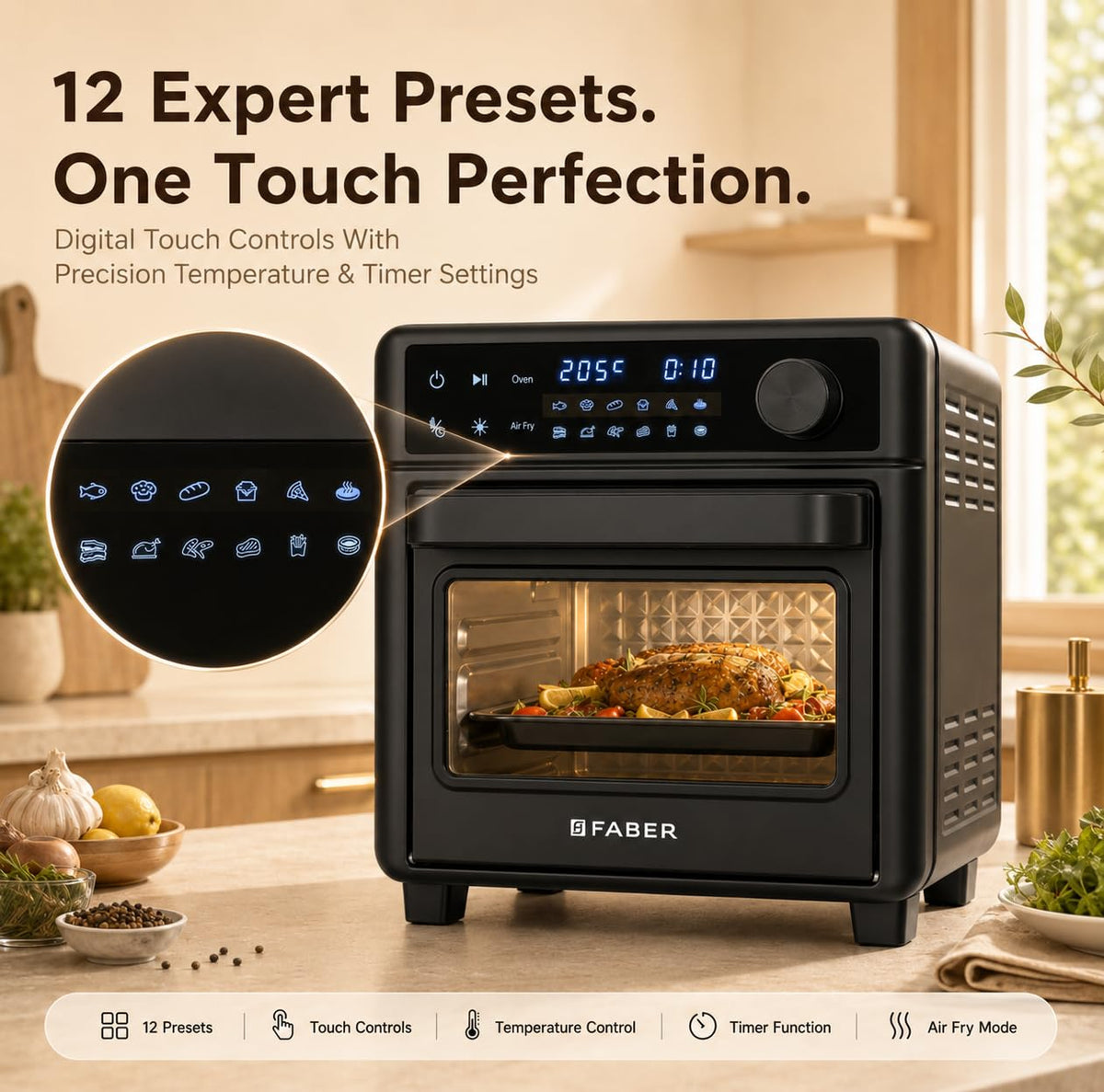Faber Air Fryer Oven 14L 1400W|View Window| Digital control|Convection Function|Bake Tray, Tray Handle & Crumb Tray|Dish