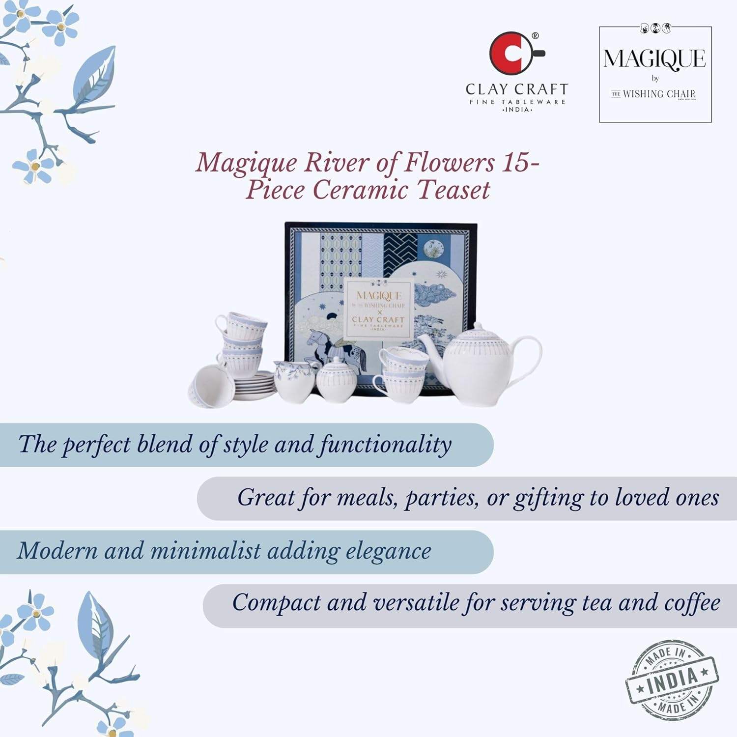 Magique by The Wishing Chair x ClayCraft : River of Flowers Ceramic Teaset 15-Piece | Teapot, Cups & Saucers, Sugar & Milk Pot | Elegant Floral Tea Set for Home High Tea Gifting Weddings Parties