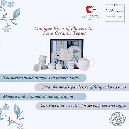 Magique by The Wishing Chair x ClayCraft : River of Flowers Ceramic Teaset 15-Piece | Teapot, Cups & Saucers, Sugar & Milk Pot | Elegant Floral Tea Set for Home High Tea Gifting Weddings Parties