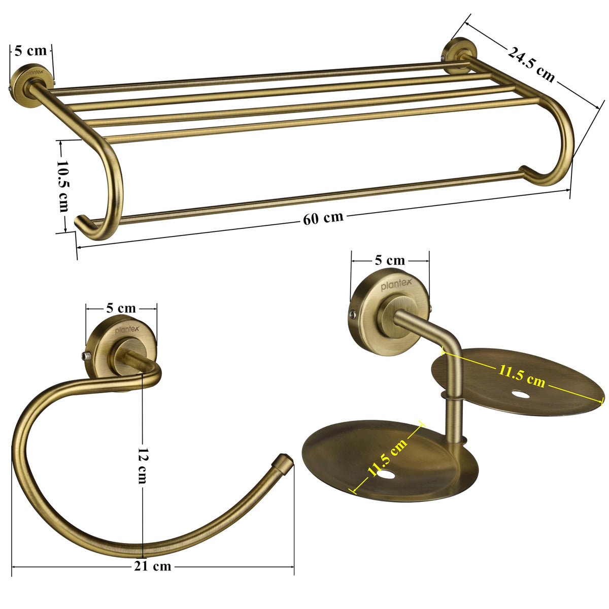 Plantex 304 Grade Stainless Steel Bathroom Accessories Set of 3 - Towel Stand/Napking Hanger/Dual Soap Holder for Bathroom - Daizy (Brass Antique)-2