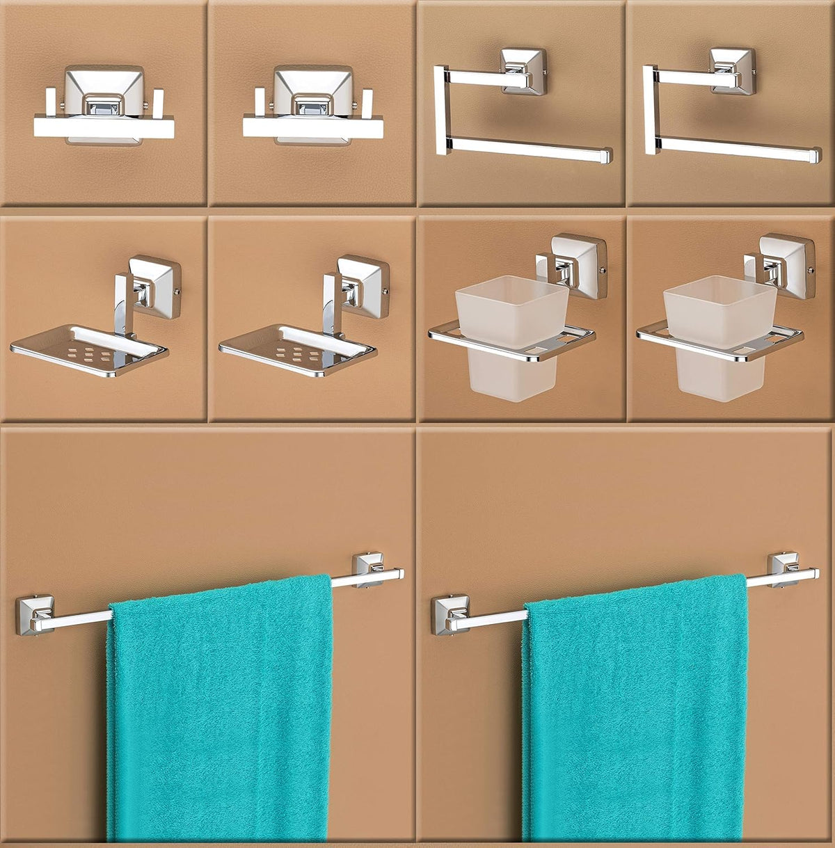 Plantex 304 Grade Stainless Steel Bathroom Accessories - Towel Rod/Napkin Ring/Tumbler Holder/Soap Holder/Robe Hook - Pack of 10 (Squaro)