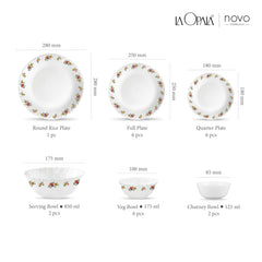 La Opala Novo Collection Opal Glass Crockery | for Family of 6 | Dinner Set 23 pcs Petite Roses | Plates & Bowls for Dining | Microwave Safe | 100% Vegetarian | Extra Strong | Light & White
