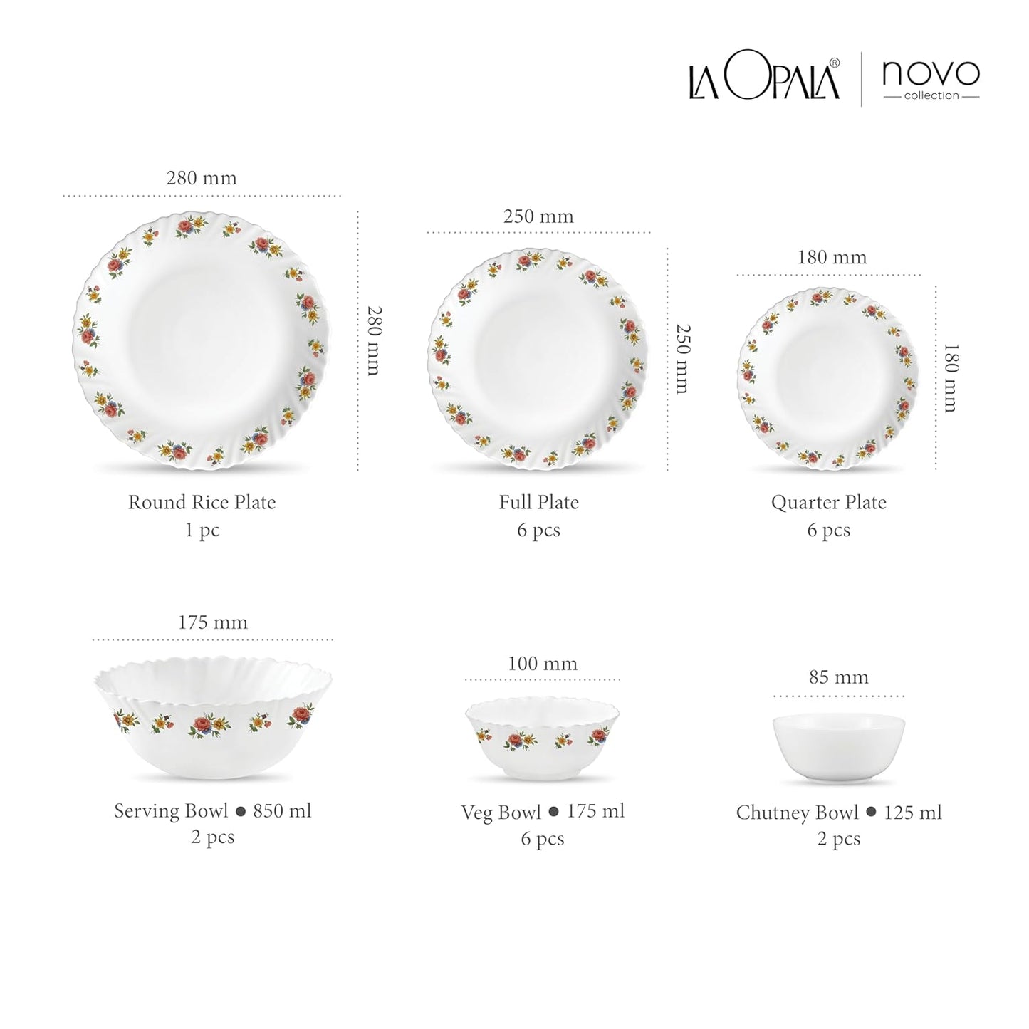 La Opala Novo Collection Opal Glass Crockery | for Family of 6 | Dinner Set 23 pcs Petite Roses | Plates & Bowls for Dining | Microwave Safe | 100% Vegetarian | Extra Strong | Light & White