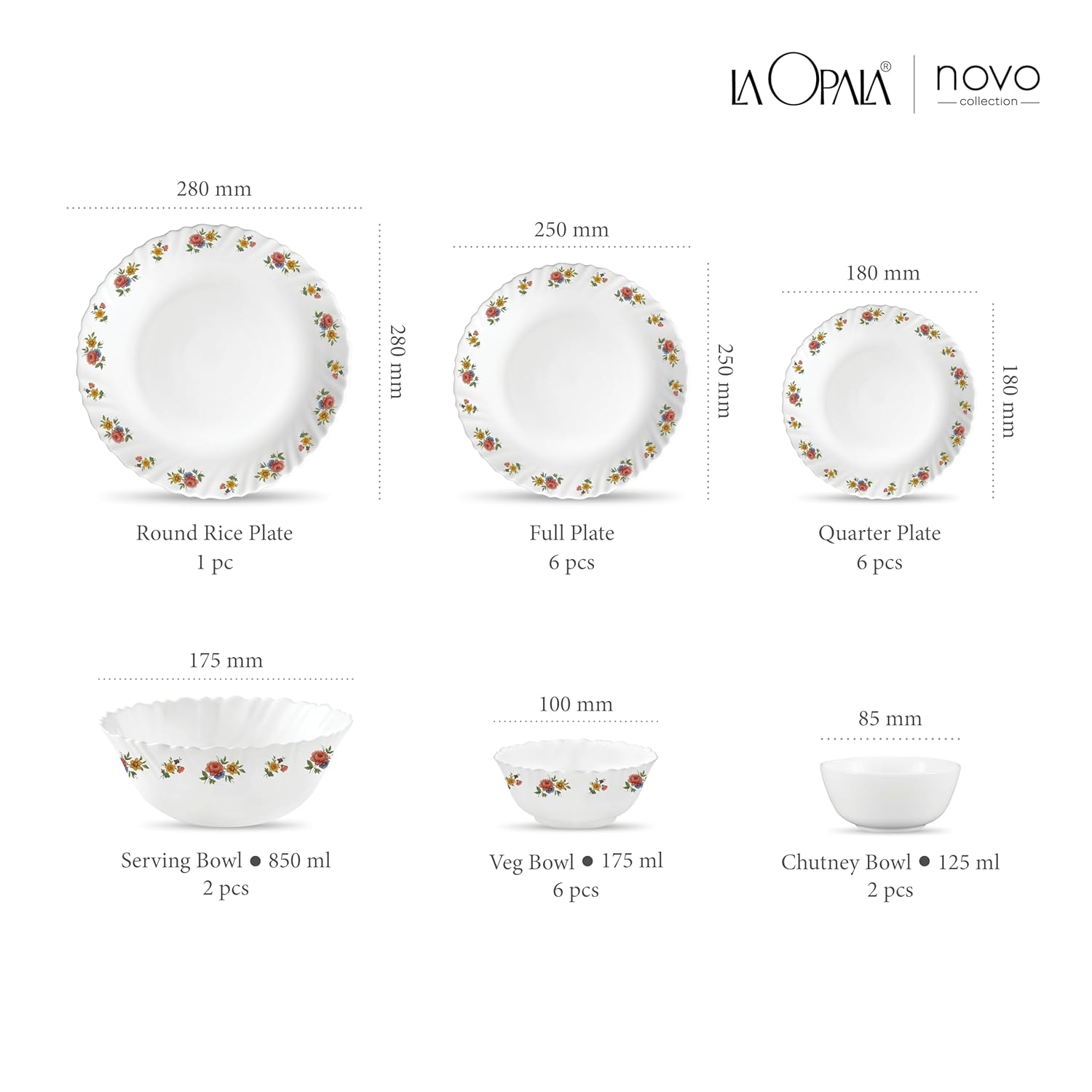 La Opala Novo Collection Opal Glass Crockery | for Family of 6 | Dinner Set 23 pcs Petite Roses | Plates & Bowls for Dining | Microwave Safe | 100% Vegetarian | Extra Strong | Light & White