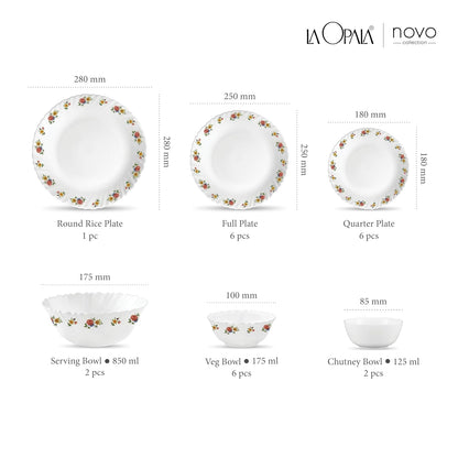 La Opala Novo Collection Opal Glass Crockery | for Family of 6 | Dinner Set 23 pcs Petite Roses | Plates & Bowls for Dining | Microwave Safe | 100% Vegetarian | Extra Strong | Light & White