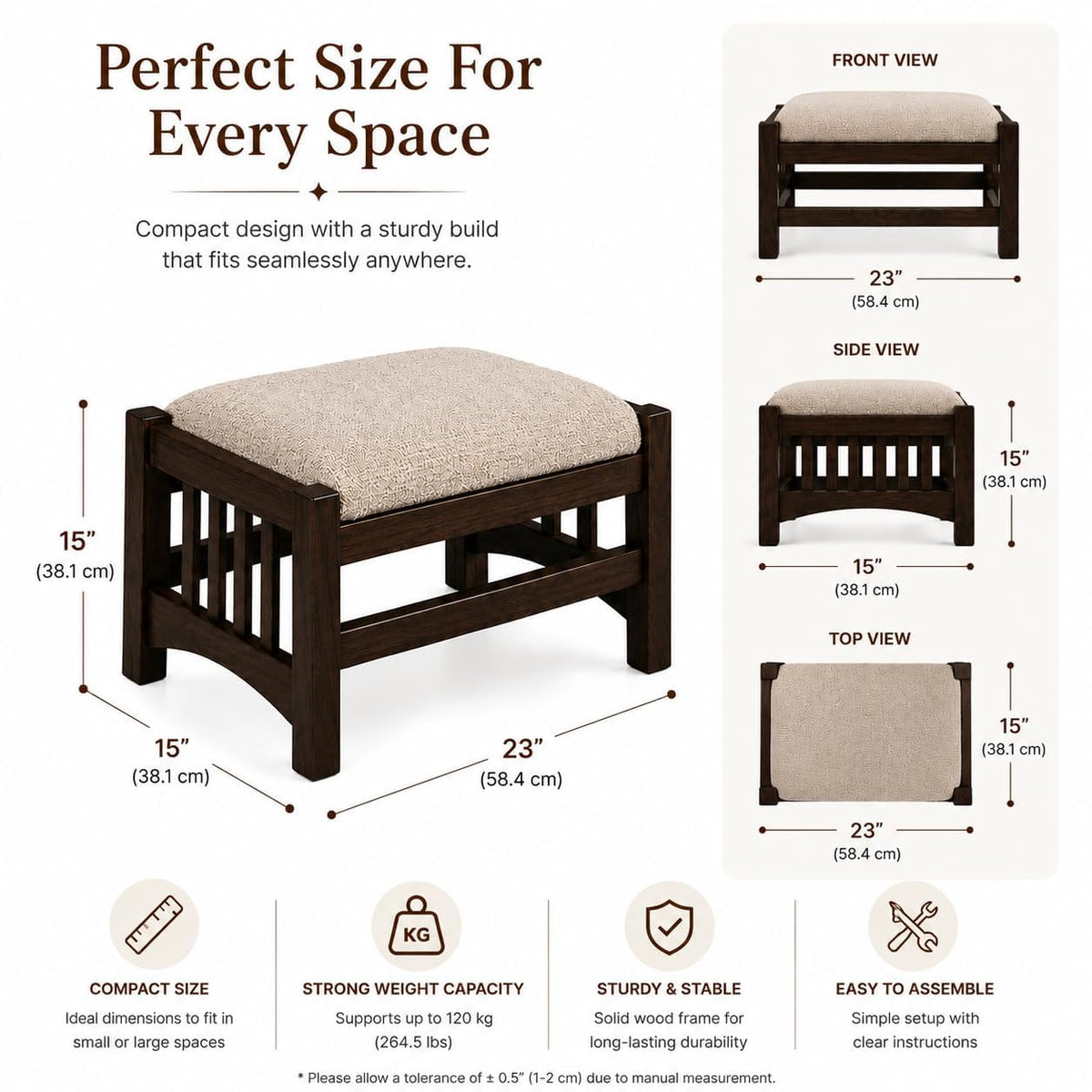 Wooden Ottoman Foot Stool with Upholstered Cushion Seat, Solid Wood Foot Rest Stool for Living Room, Bedroom, L