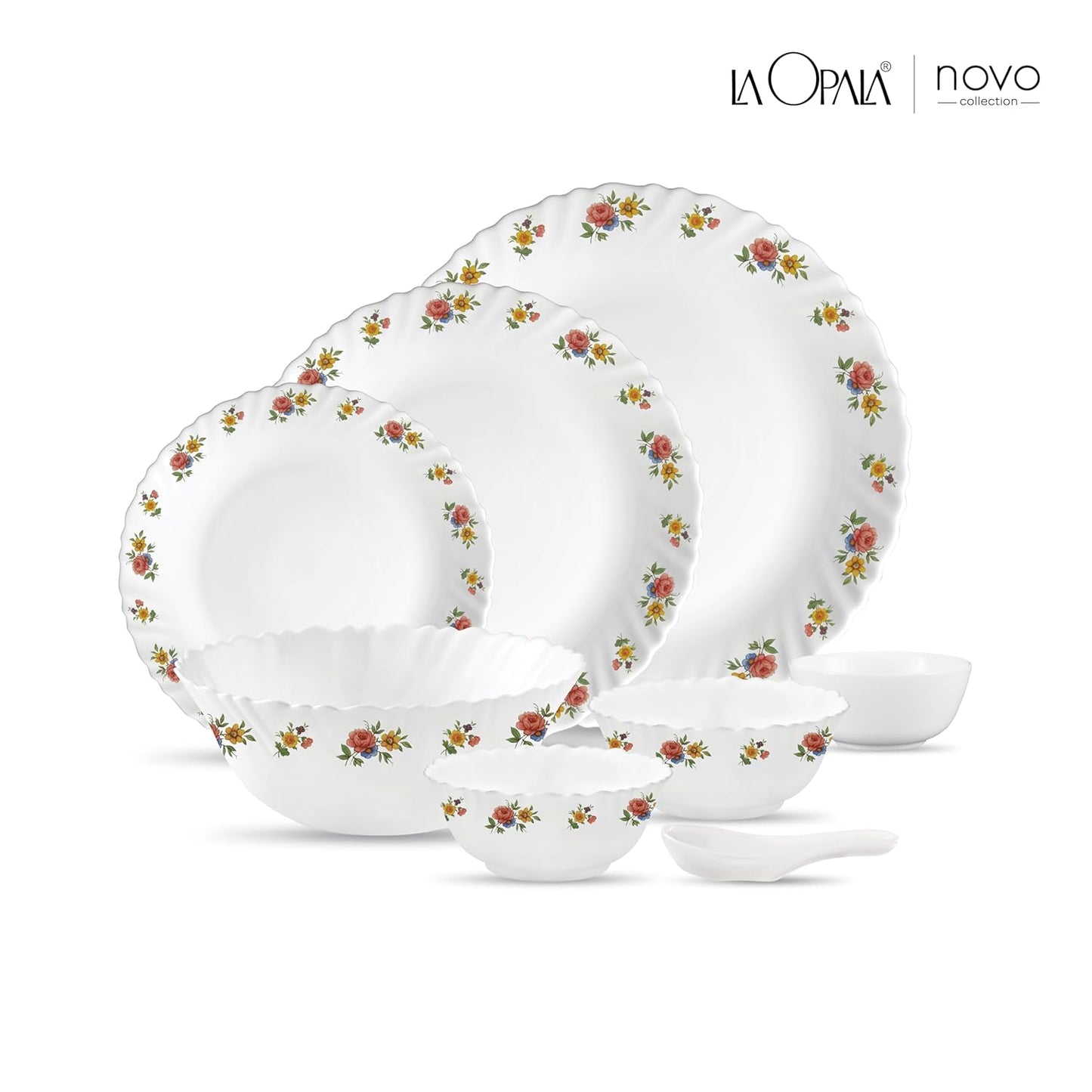 La Opala Novo Collection Opal Glass Crockery | for Family of 6 | Dinner Set 35 pcs Petite Roses | Plates & Bowls for Dining | Microwave Safe | 100% Vegetarian | Extra Strong | Light & White