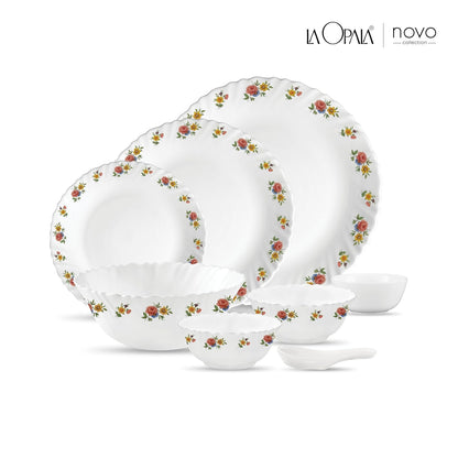 La Opala Novo Collection Opal Glass Crockery | for Family of 6 | Dinner Set 35 pcs Petite Roses | Plates & Bowls for Dining | Microwave Safe | 100% Vegetarian | Extra Strong | Light & White