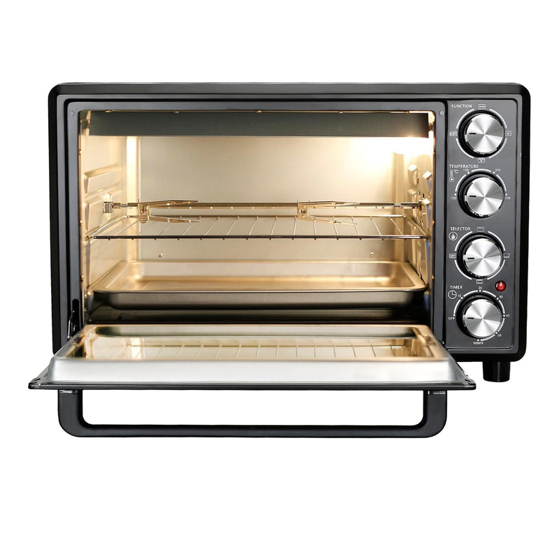 Faber 34L Double Glazed 1600W OTG|Bake, Toast, Roast, Grill|6 Functions, Upper & Lower Heating, Rotisserie, 360° Convection,Crumb Tray, Double Glaze Glass|Bake Plate, Pizza Plate, Silicon Gloves|Black