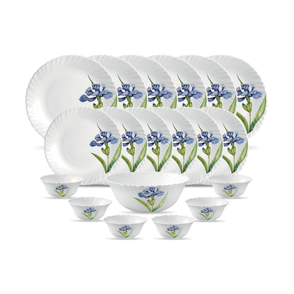 La Opala Diva Classique Collection Opal Glass Crockery | for Family of 6 | Dinner Set 19 pcs Royal Iris | Plates & Bowls for Dining | Microwave Safe | 100% Vegetarian | Extra Strong | White