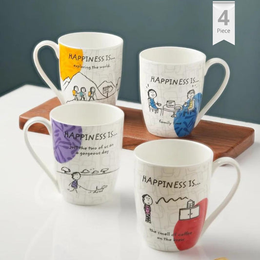 Clay Craft Printed Fine Ceramic Happiness is Oxford Delight Coffee & Milk Mugs, 300Ml, Set of 4, Multicolor
