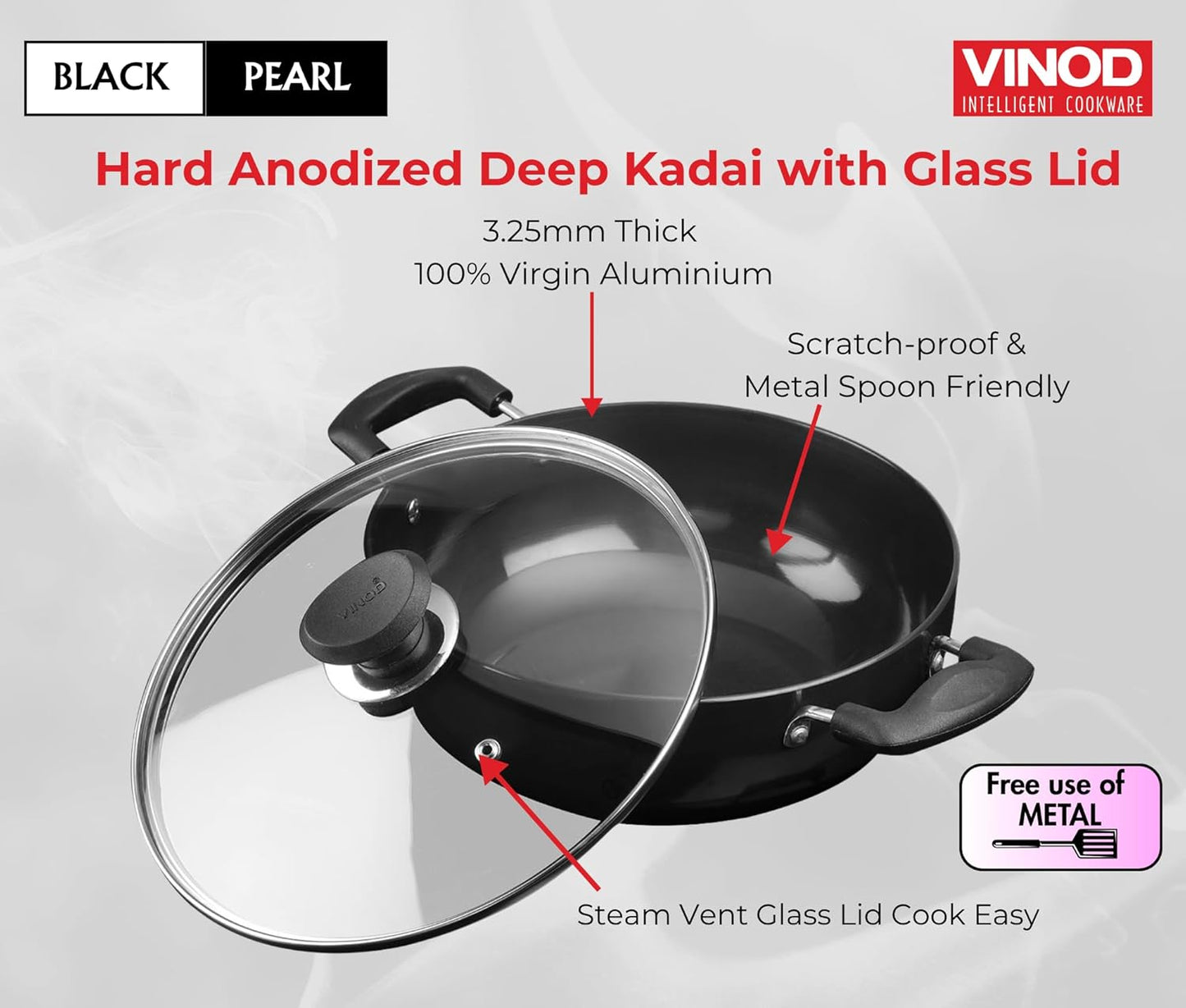 Vinod Black Pearl Hard Anodised Non Stick Deep Kadhai with Glass Lid - 9.5 LTR, 34 cm | 3.25mm Thickness | kadai for Cooking | Metal Spoon Friendly | 2 Year Warranty