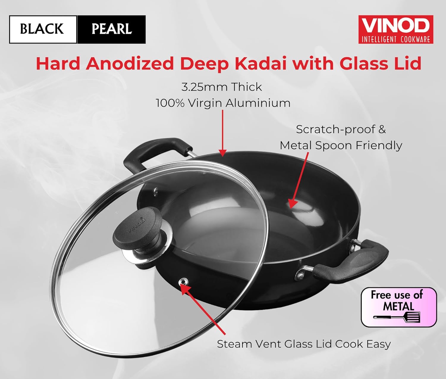 Vinod Black Pearl Hard Anodised Non Stick Deep Kadhai with Glass Lid - 9.5 LTR, 34 cm | 3.25mm Thickness | kadai for Cooking | Metal Spoon Friendly | 2 Year Warranty