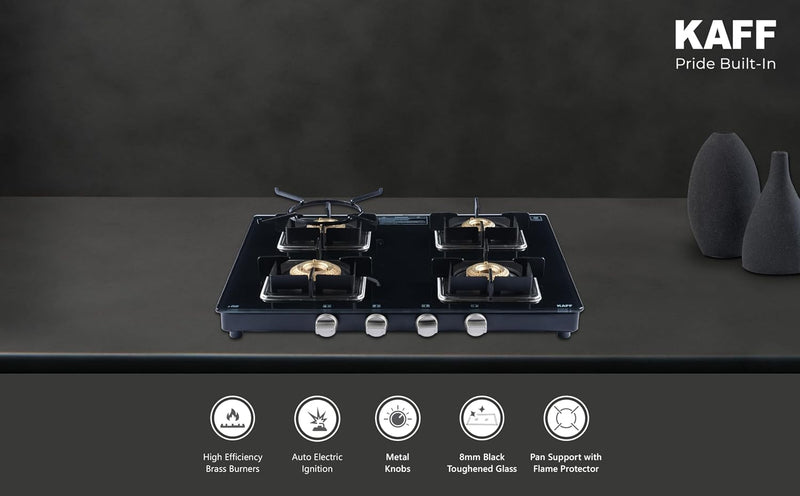 Kaff 77cm 3 Burner Glass Gas Stove | High Efficiency Brass Burners | 8mm Black Toughened Glass | Cast Iron Pan Support |