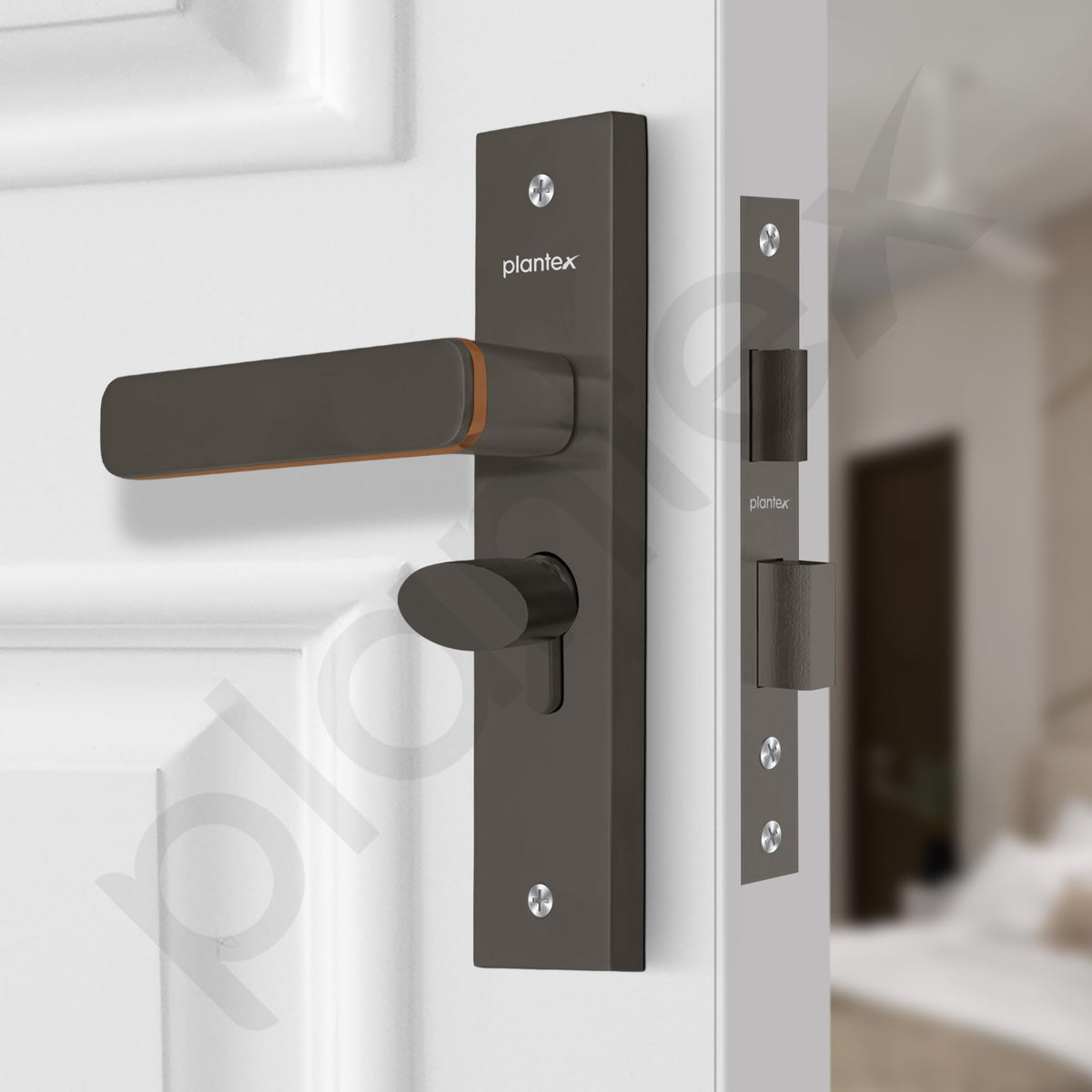 Plantex Heavy-Duty Main Door Mortise Lock Handle Set with 3 Keys, Brass Lock Body & Cylinder (8125 - Grey & PVD Choco)-4