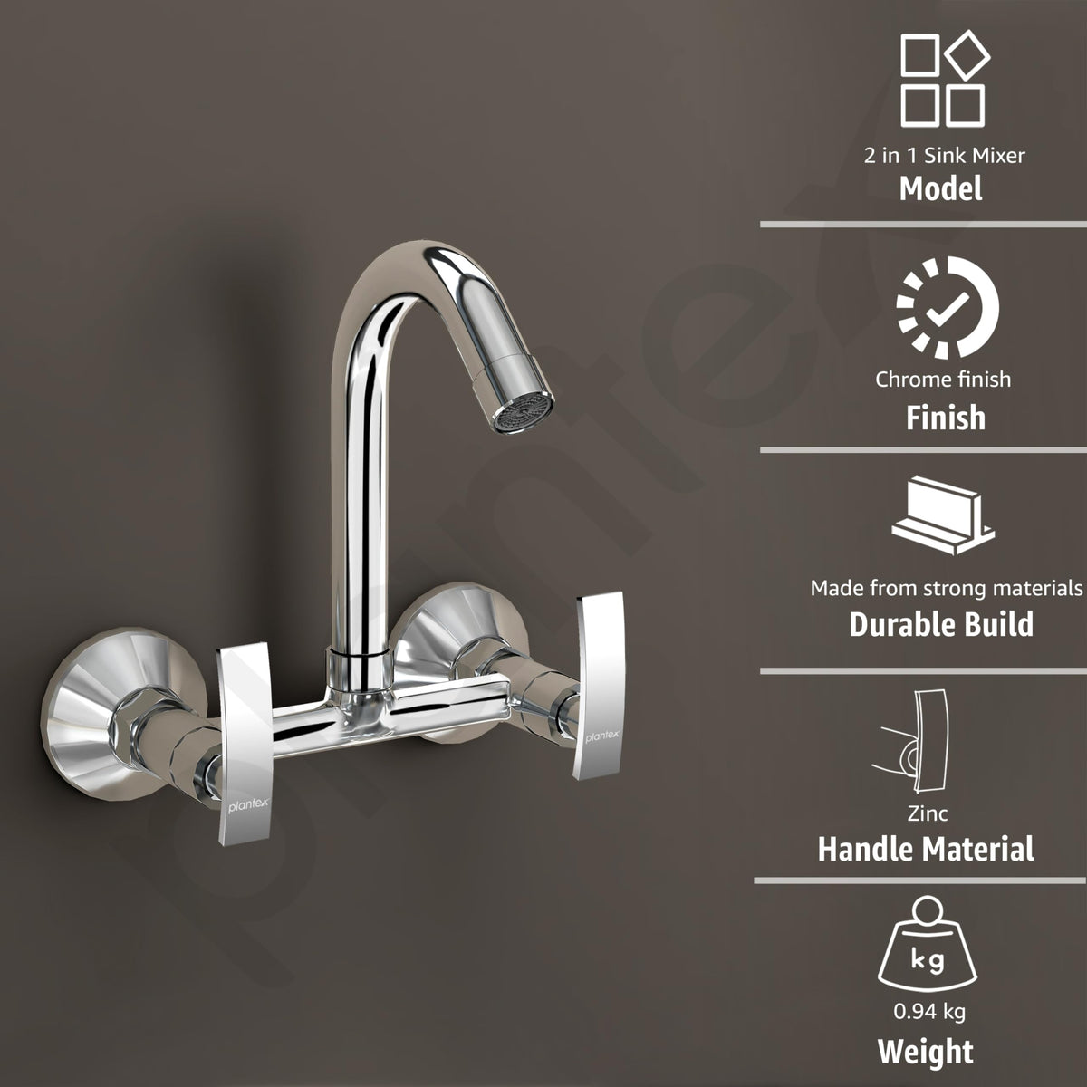 Plantex Sink Mixer Tap Hot and Cold/Mixer Tap for Kitchen Sink with Brass Spindle/Kitchen Sink Faucet with Wall Flange and Teflon Tape (Samar-Chrome)-2