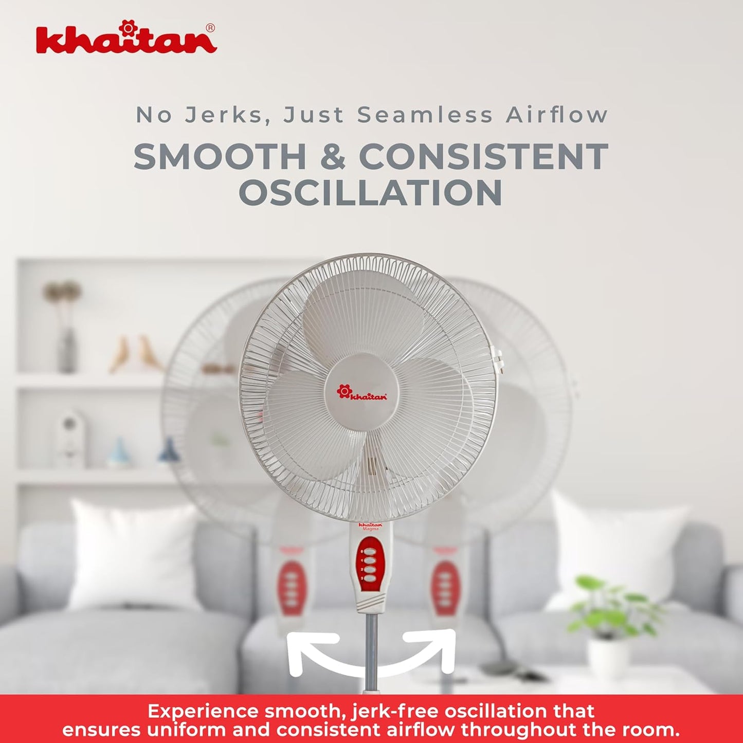 Khaitan Magma 400 MM 3-Blade Pedestal Fan | Adjustable Height | 3-Speed Control | Powder Coated Metal Grill | Telescopic Arrangement | 2-Yr Warranty | White