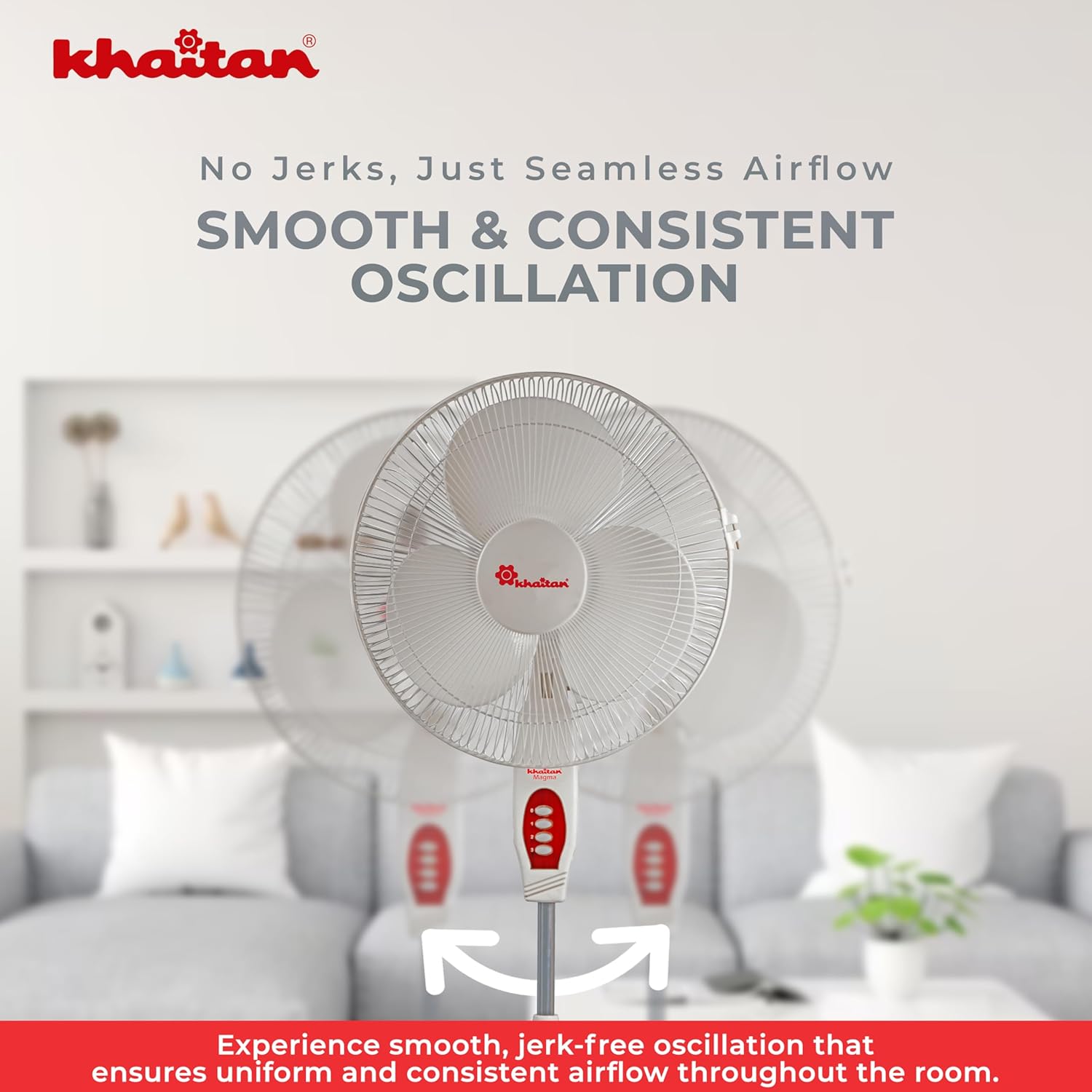 Khaitan Magma 400 MM 3-Blade Pedestal Fan | Adjustable Height | 3-Speed Control | Powder Coated Metal Grill | Telescopic Arrangement | 2-Yr Warranty | White