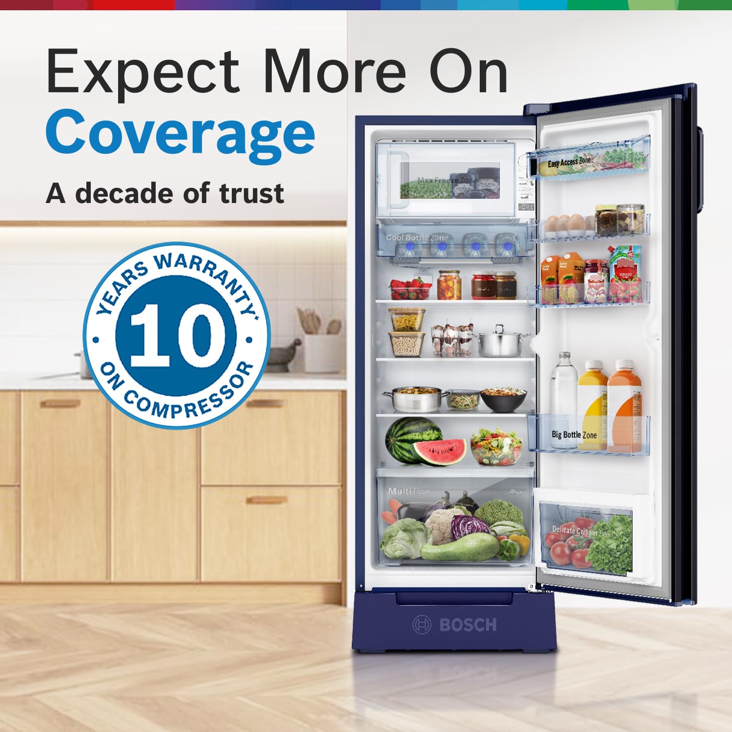 Bosch 226 L, 4 Star, Single Door Direct Cool Refrigerator with Pedestal Storage (CST22U14PI, 2.5X Faster Cooling, Cool Bottle Zone, 18 Hour Cooling Retention, Dark Lake)