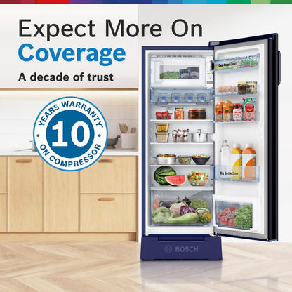 Bosch 226 L, 4 Star, Single Door Direct Cool Refrigerator with Pedestal Storage (CST22U14PI, 2.5X Faster Cooling, Cool Bottle Zone, 18 Hour Cooling Retention, Dark Lake)