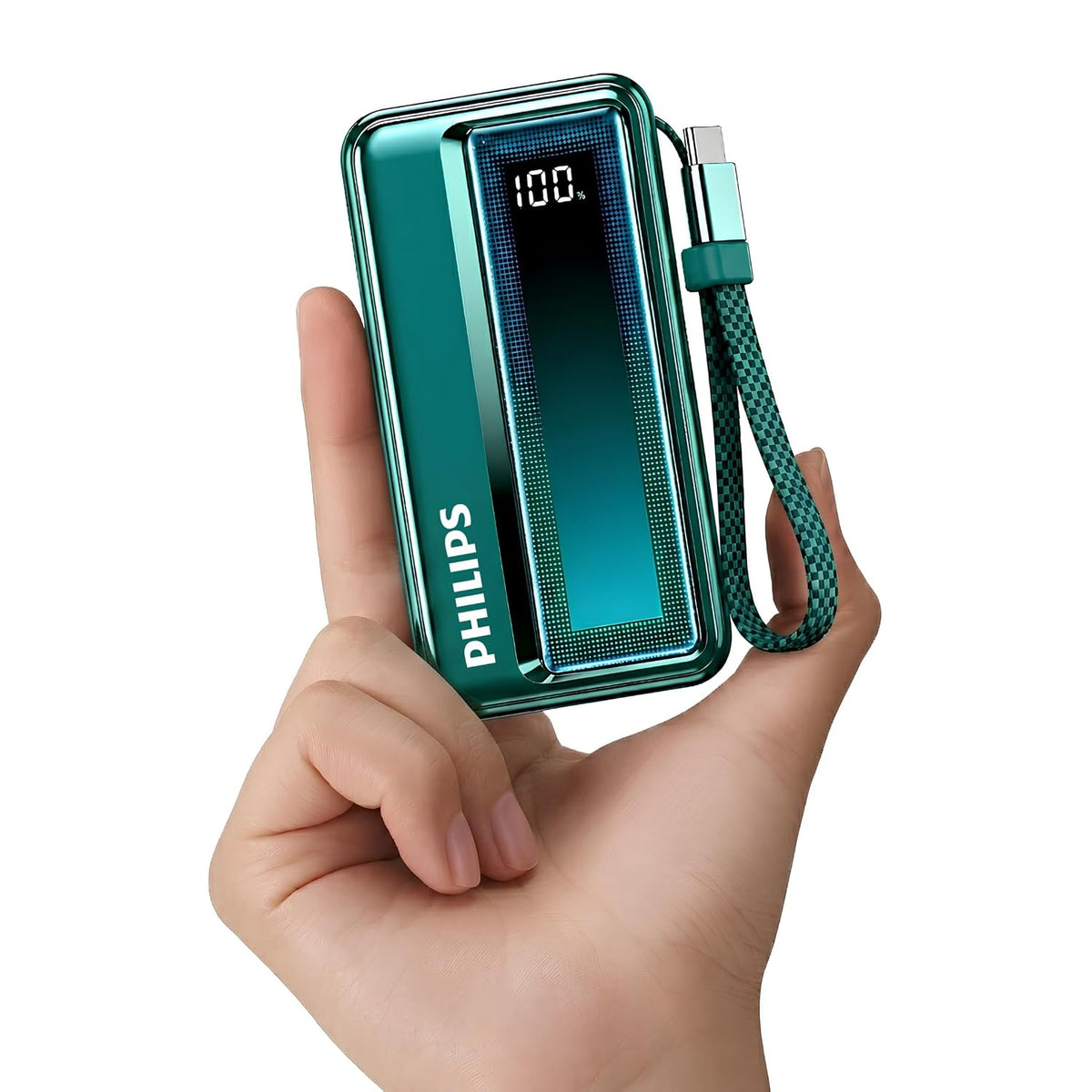 Philips 10000mAh 30W Max Fast Charging Power Bank (Chrystal Teal) with Built-in Cable