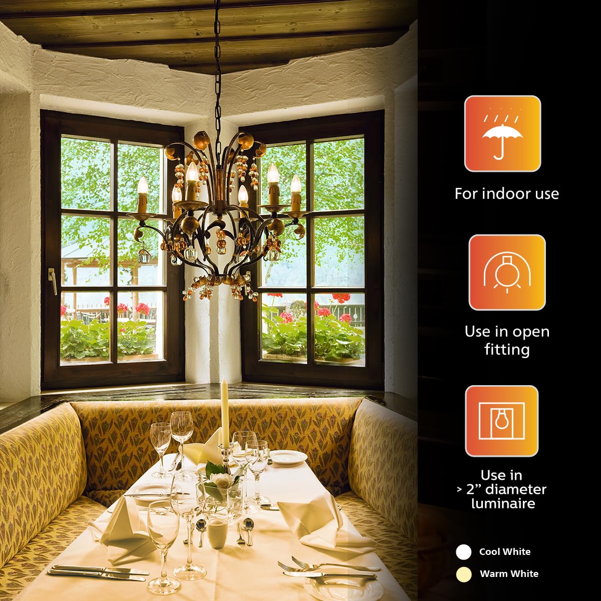 Philips 4 Watt 400-Lumen LED Clear Candle E14 Base (Warm White) - Decorative, Ambience For Chandeliers