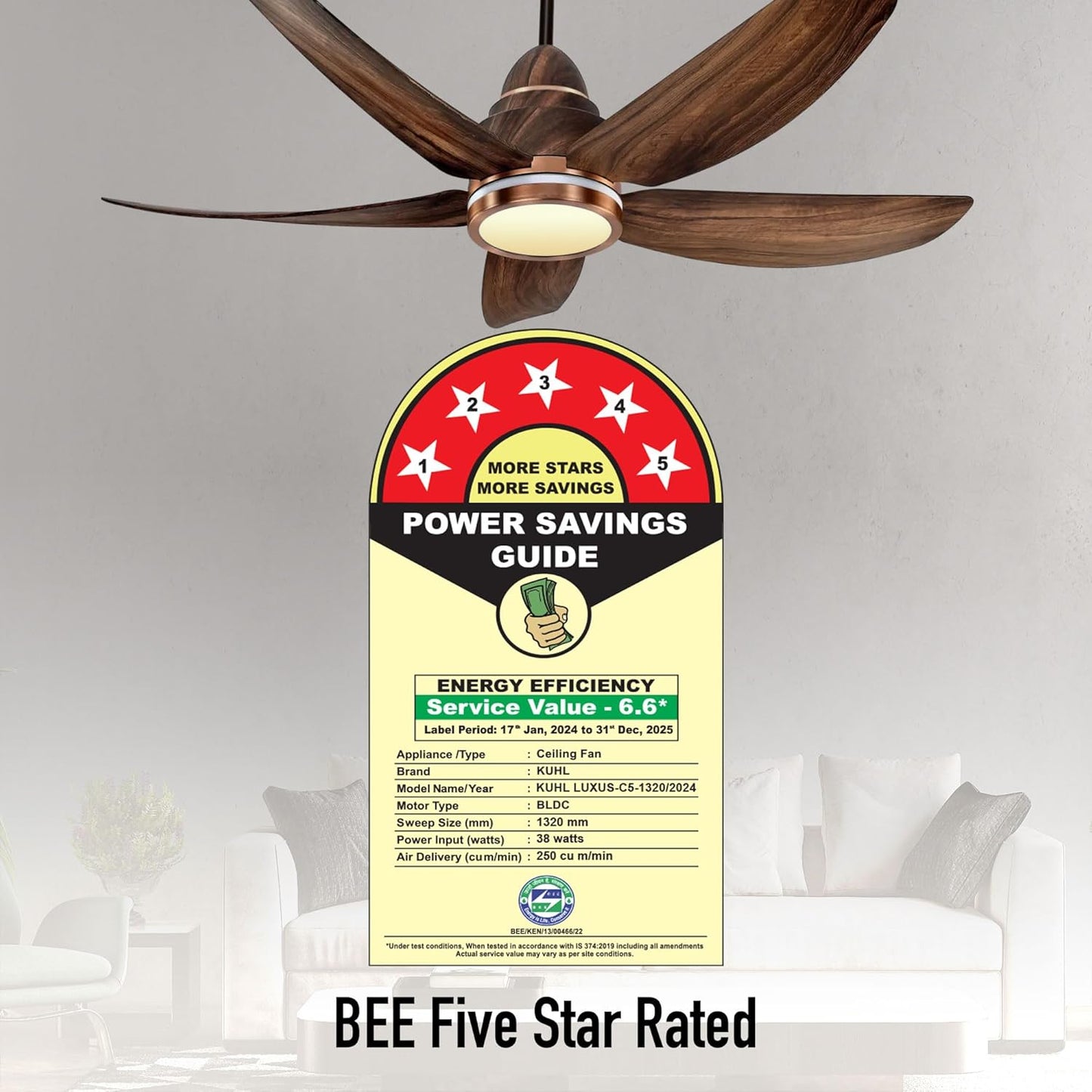 KUHL Luxus C5 1320mm Stylish 65% Power Saving BLDC Ceiling Fan with Remote | Night & Down Light|29W| BEE 5 Star | Low Noise | IoT –Operate via Mobile & Alexa | Reverse Mode | Free Installation|Teak