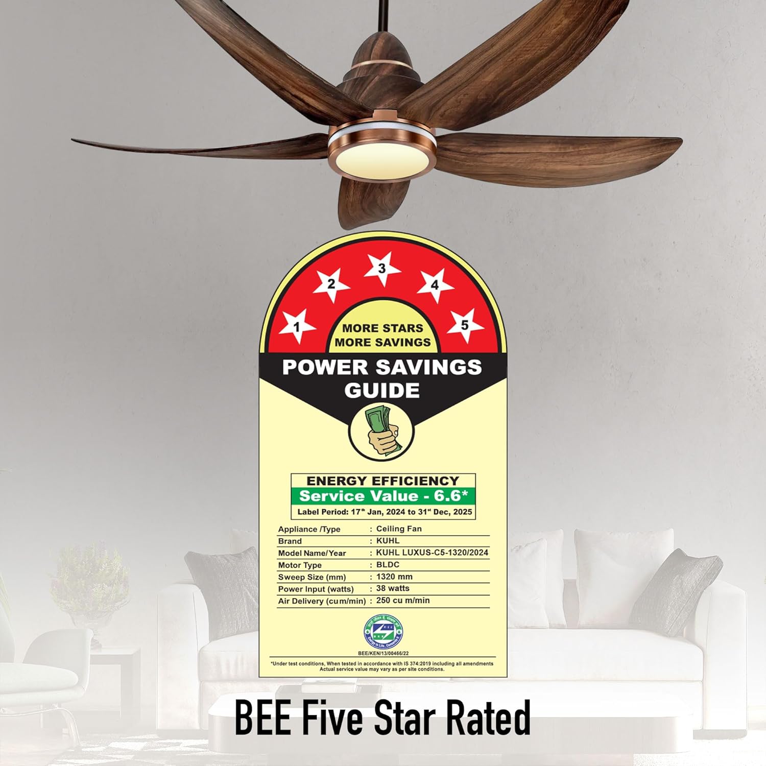 KUHL Luxus C5 1320mm Stylish 65% Power Saving BLDC Ceiling Fan with Remote | Night & Down Light|29W| BEE 5 Star | Low Noise | IoT –Operate via Mobile & Alexa | Reverse Mode | Free Installation|Teak