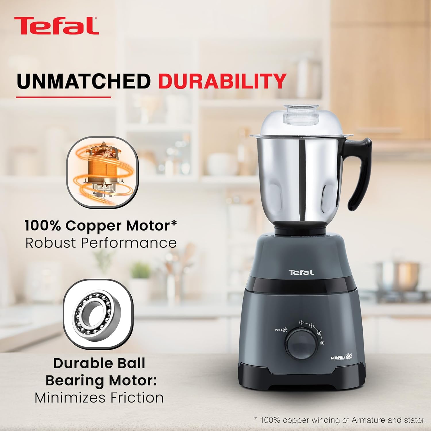 Tefal Grindmax HD 1000W Copper Motor with Durable Ball Bearing Mixer Grinder with 3 Leak-Proof Heavy Duty Jars, High-Speed 20,000 RPM Motor, Europe’s No.1 Brand, Best Mixer Grinder for Indian Cooking