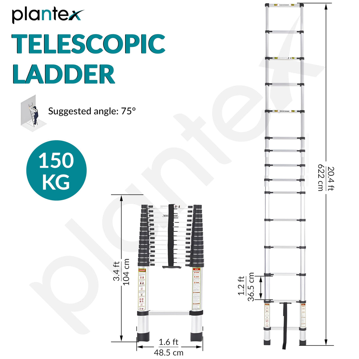 Plantex 20.34 feet (6.2m) Telescopic Ladder/Durable Steps/Height Adjustable Aluminium Ladder/Telescopic Ladder/Extendable Portable Steps and Compact Design