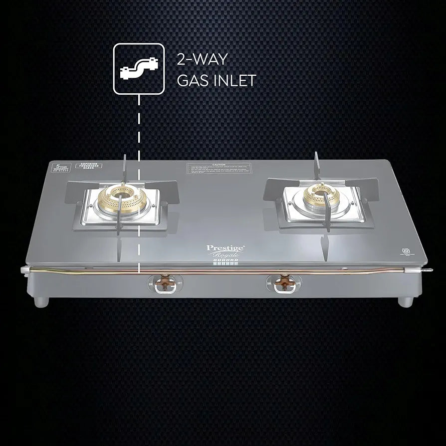 Prestige Royale Quadra 2Burner Gas Stove|Superior Toughened Glasstop with 5-Year Warranty |3-Way Nozzle Design|Tri-Pin Jumbo Burner|Uniquely Designed Pan Support |Elegantly Designed Knobs|Black
