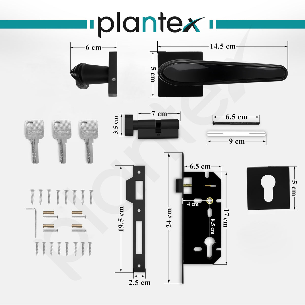 Plantex Main Door Lock/Mortise Lock for Doors - Robust Door Handle for Home with Brass Locks Body & Cylinder (PT-014, Black)-3