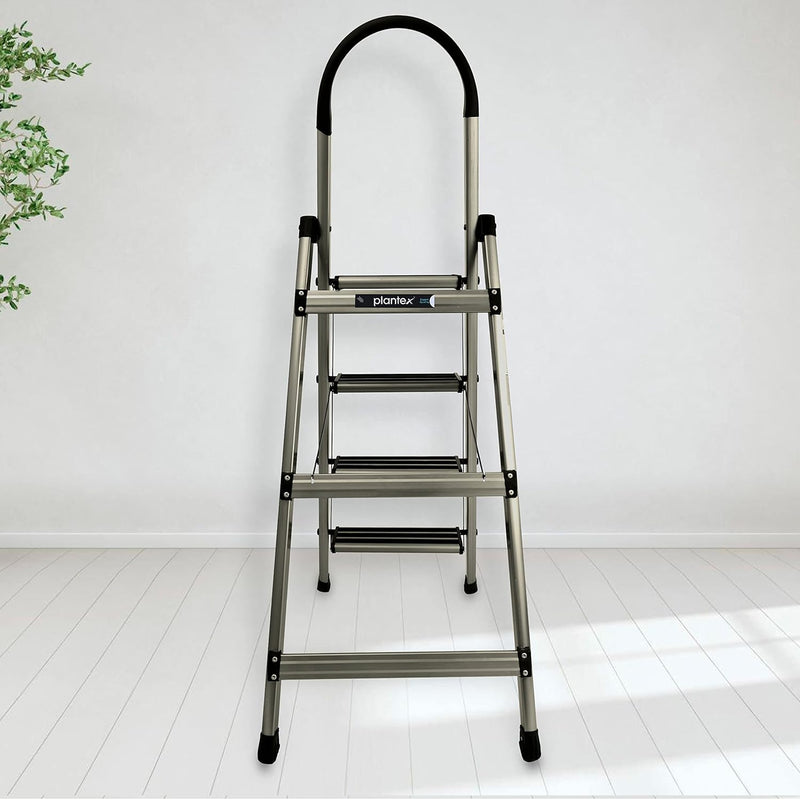 Plantex Guardex 4 Step Foldable Aluminum Ladder for Home/Ladder with Anti-Slip Shoes and Edge Guards/5 Year Manufacturer Warranty (Anodize Coated-Gold)