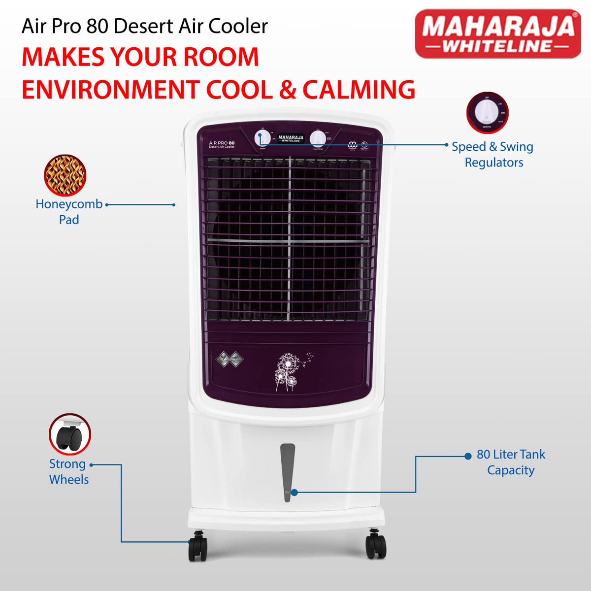 Maharaja Whiteline AIR PRO 80 Air Cooler with 80 ltr Large Tank Capacity, 190W (White & Royal Purple)
