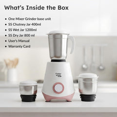 Prestige 500W Nexus Mixer Grinder with 3 Stainless Steel jars|1200ml Wet Jar,800ml dry jar, 400ml chutney jar|3 Super-efficient Blades|3 motor setting|Sturdy Handles |2 Yrs Warranty|White & Rose Gold