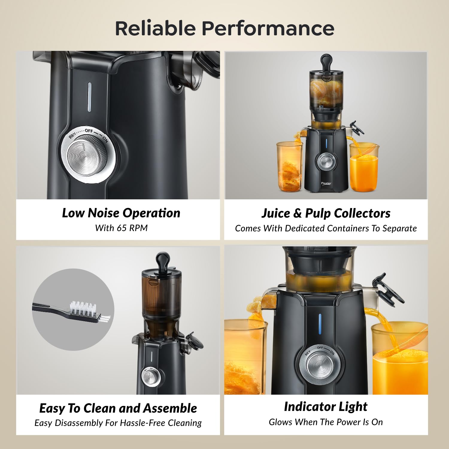 Prestige Natura 200W Cold Press Slow Juicer | 105mm Wide Chute | Interlocking Safety | Reverse Function | Juice and Pulp Collectors | Quiet Operation | Easy to Clean | Black | 2 Year Warranty