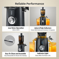 Prestige Natura 200W Cold Press Slow Juicer | 105mm Wide Chute | Interlocking Safety | Reverse Function | Juice and Pulp Collectors | Quiet Operation | Easy to Clean | Black | 2 Year Warranty