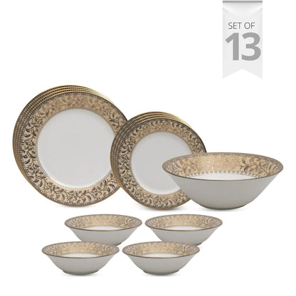 Clay Craft Fine Ceramic Ebony Dinner Set, Enchanting Gold, for Family of 4, Dinner Set Ceramic, Crockery Set, Dining Set for Dinner, Crockery Set for Gift, Kitchen Set (13 Pieces, E649)