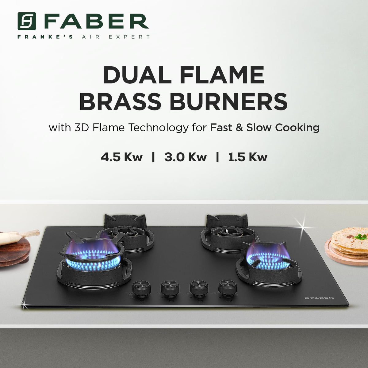 Faber Della 4 Burner 78cm Hob |Auto-Ignition|Brass Burner| Cast Iron Pan Support |Hob/Cooktop Hybrid| Matt Black Glass F
