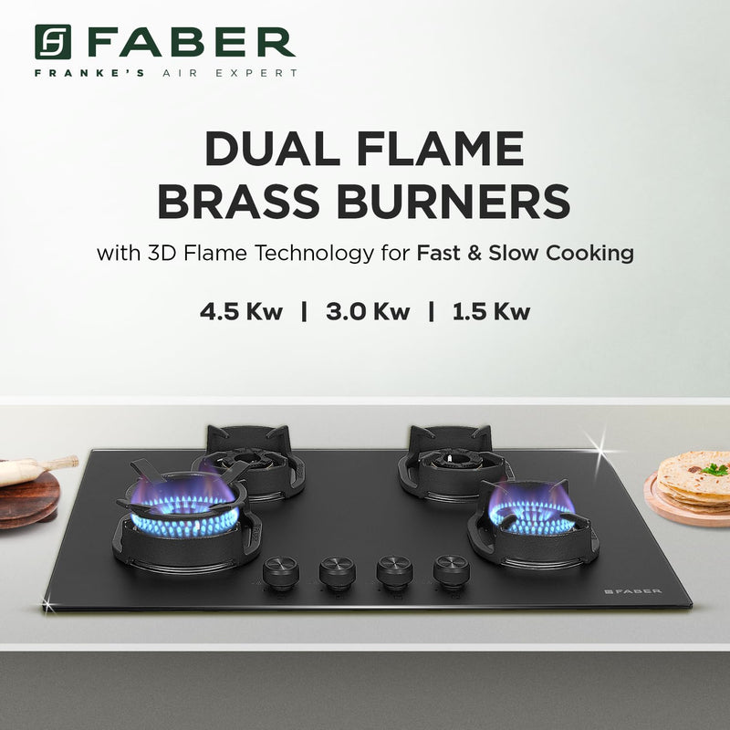 Faber Della 4 Burner 78cm Hob |Auto-Ignition|Brass Burner| Cast Iron Pan Support |Hob/Cooktop Hybrid| Matt Black Glass F