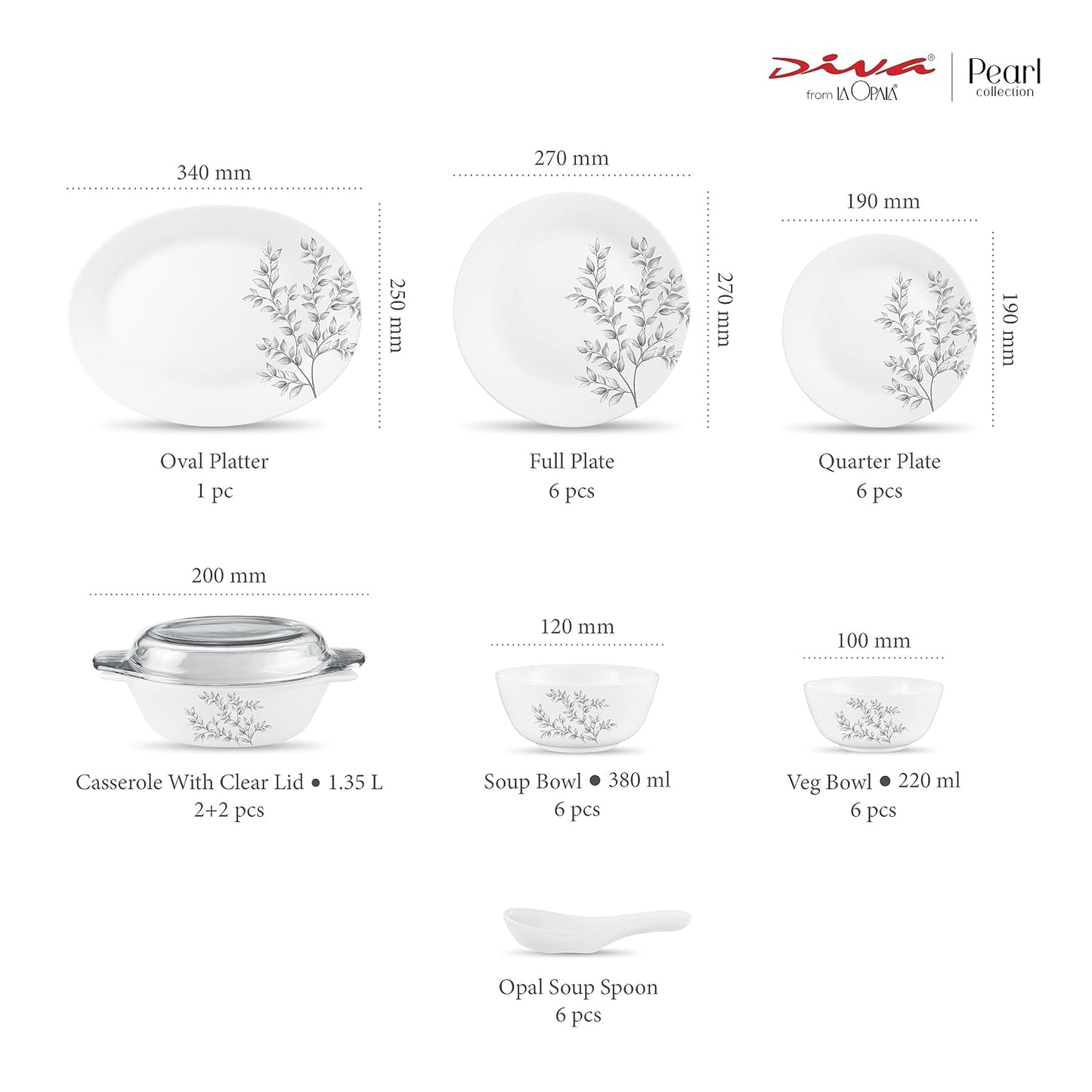 Diva by La Opala, Pearl Collection, Opal Glass Dinner Set 35 pcs, Dusky Vines, White