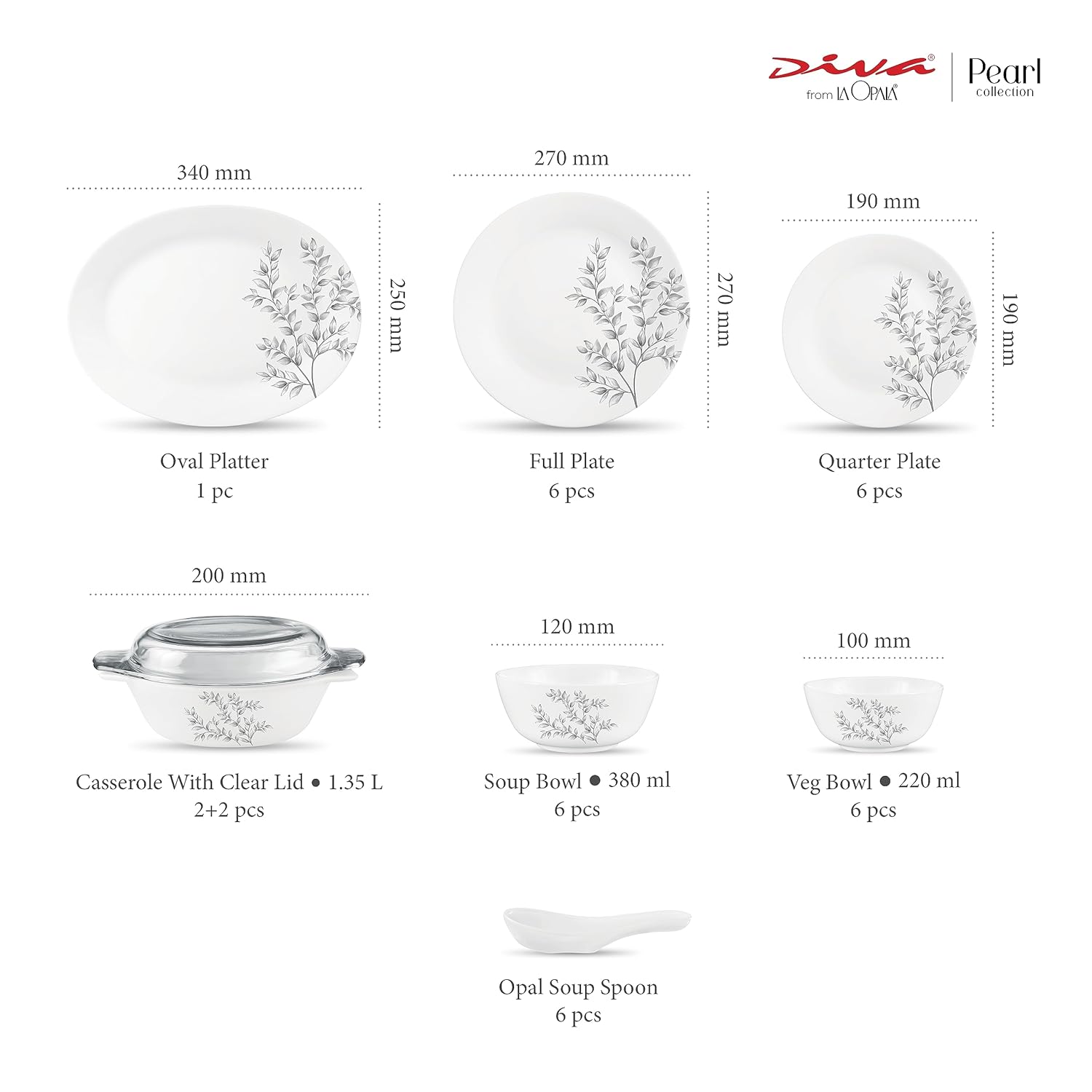 Diva by La Opala, Pearl Collection, Opal Glass Dinner Set 35 pcs, Dusky Vines, White