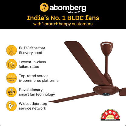 atomberg Ikano 1400mm BLDC Ceiling Fan with Remote | BEE 5 star | High Air Delivery | LED Speed Indicator | Low Noise | Timeless Design with Power Saving | 3 Year Warranty | (Gloss Brown)