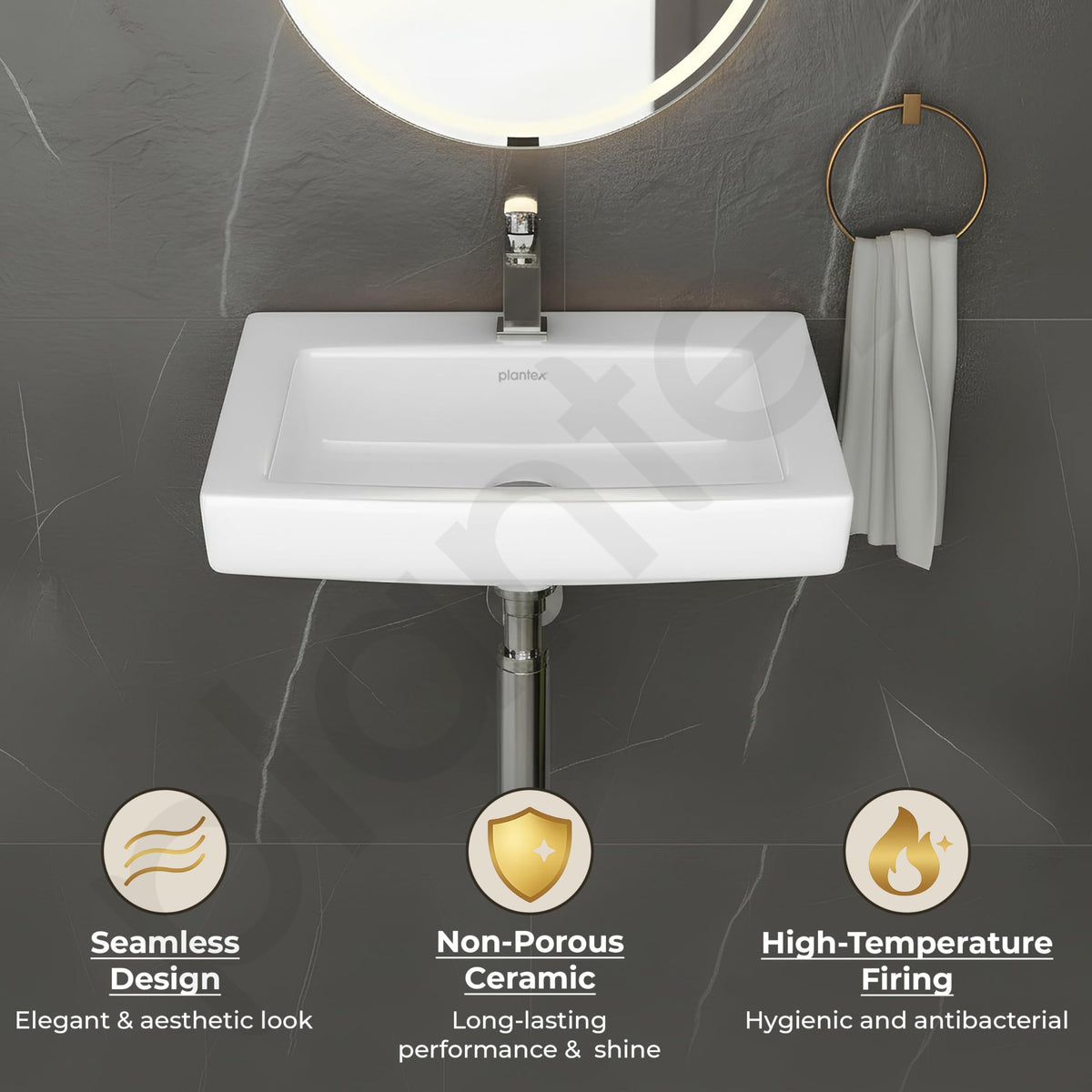 Plantex Ceramic Wall Hung Basin with 10 Years Glaze Warranty by Plantex/Washbasin for Bathroom/Wall Mounted Wash Basin/Sink for Living Room (Laric, White)-5