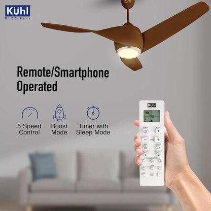 KUHL Twist L31320 mm 65% Power Saving BLDC Ceiling Fan | BEE 5 Star Rated & ISI Marked | High Air Flow |5YearWarranty on Motor By Brand |Free Installation | IoT – Operate via Mobile & Alexa | Brown