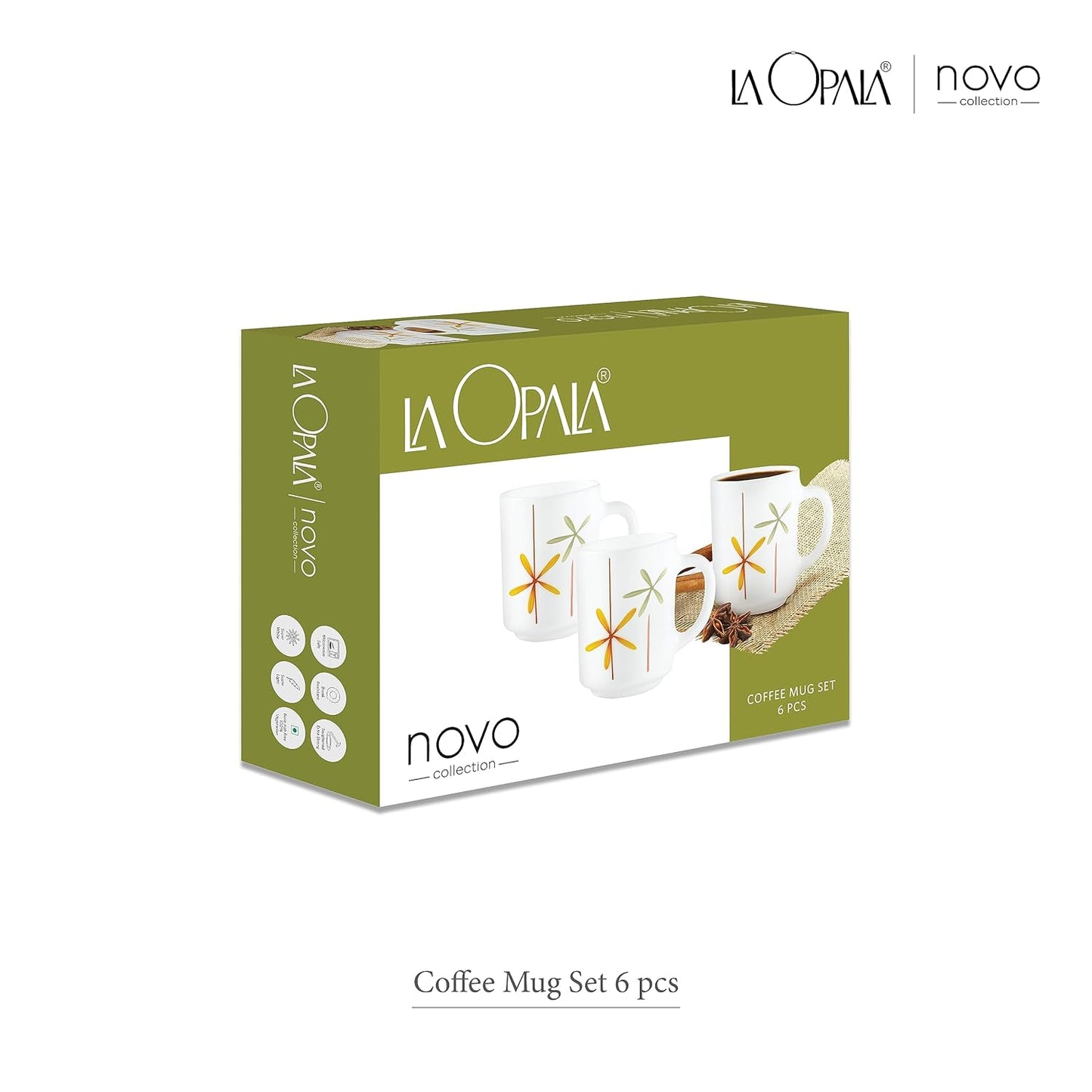 La Opala, Novo Collection Opal Glass Crockery | Coffee Mug Grace Medium, Set of 6 | Coral Charm, 250 ml | for Tea & Coffee | Microwave Safe | 100% Vegetarian | Extra Strong | Super Light & White