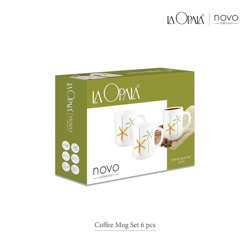 La Opala, Novo Collection Opal Glass Crockery | Coffee Mug Grace Medium, Set of 6 | Coral Charm, 250 ml | for Tea & Coffee | Microwave Safe | 100% Vegetarian | Extra Strong | Super Light & White